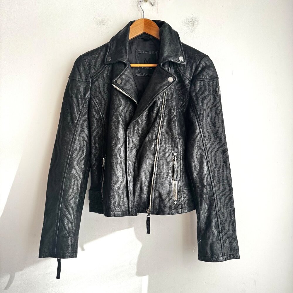 Mauritius Black Lambskin Zebra Print Leather Moto Jacket S
